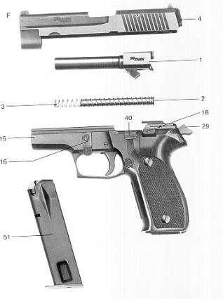 Sig-Sauer Pistole zerlegt Griffst�ck Verschluss Rohr
